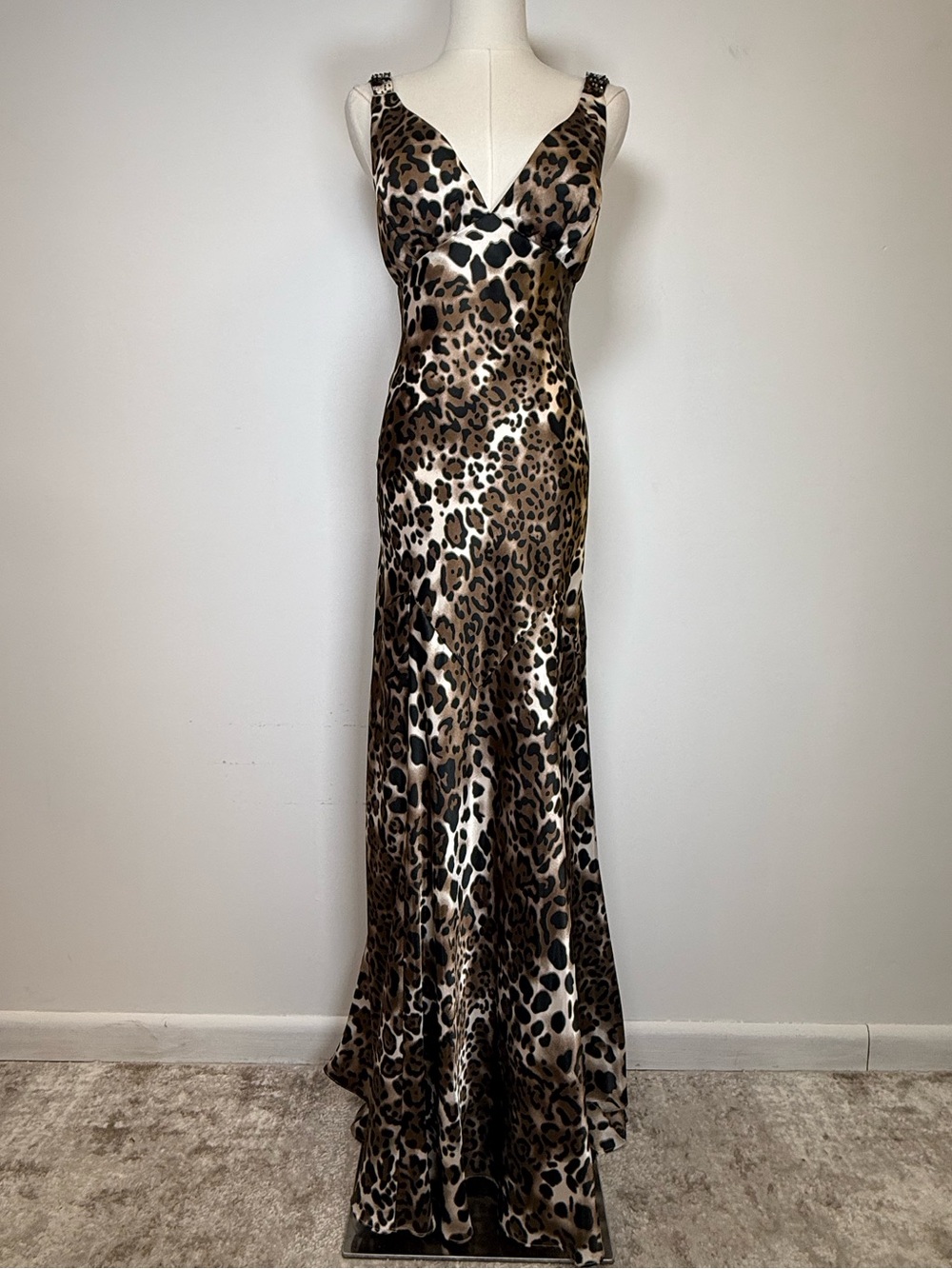 Niki by Niki Livas | Leopard Print V-Neck Gown Beaded Straps Women’s Size 6